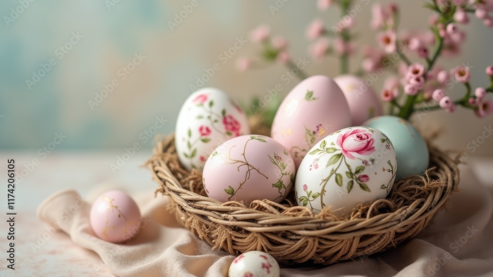 Elegant Easter eggs with intricate floral patterns and gold accents, arranged in an ornate basket on soft fabric. The pastel background creates a timeless, artistic, and festive composition. Elegant Easter eggs with intricate floral patterns and gold accents, arranged in an ornate basket on soft fabric. The pastel background creates a timeless, artistic, and festive composition.