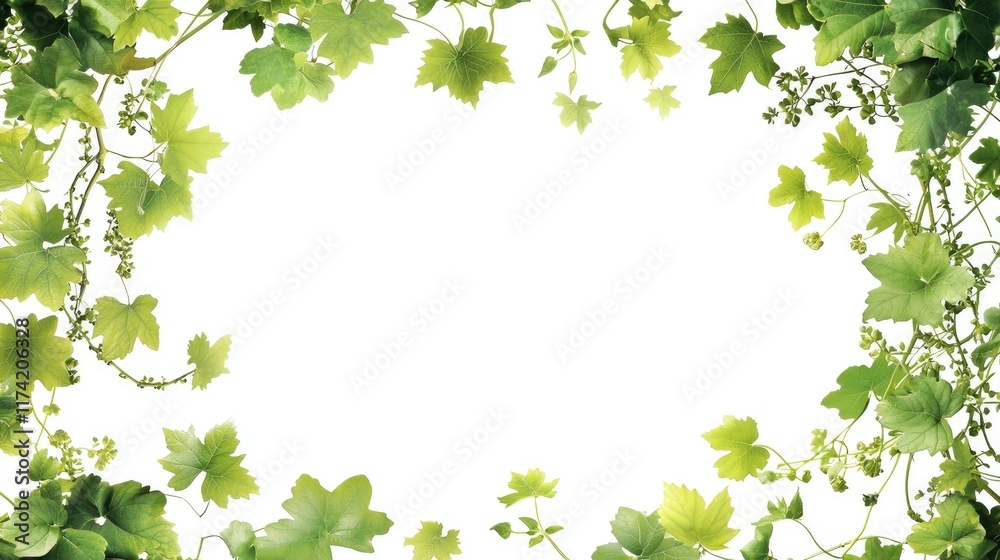 A decorative border of green leaves framing a blank white space for text or images. A decorative border of green leaves framing a blank white space for text or images.