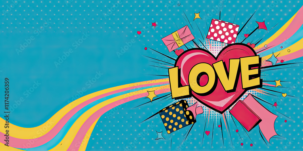 Obraz premium Colorful Pop Art Heart with LOVE Text Gifts and Burst Design Perfect for Valentine s Day