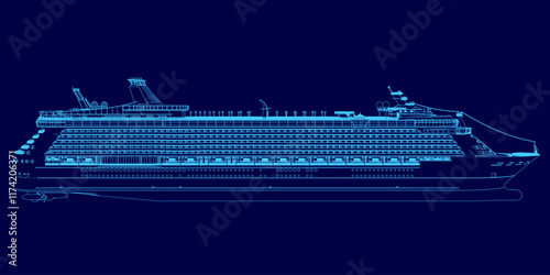 Blue ship is shown in a computerized image. The ship is large and has a lot of detail, including the windows and the design of the ship. The image has a futuristic and technological feel to it