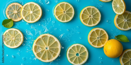 Slice of lemon submerged in clear water with splashing droplets, top view flat lay on vibrant blue background, droplets, lemon