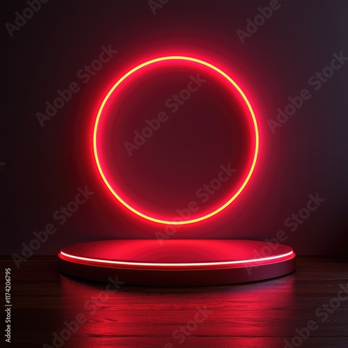 Red neon circle illuminates a circular podium on a dark wooden floor, creating a dramatic and modern display.