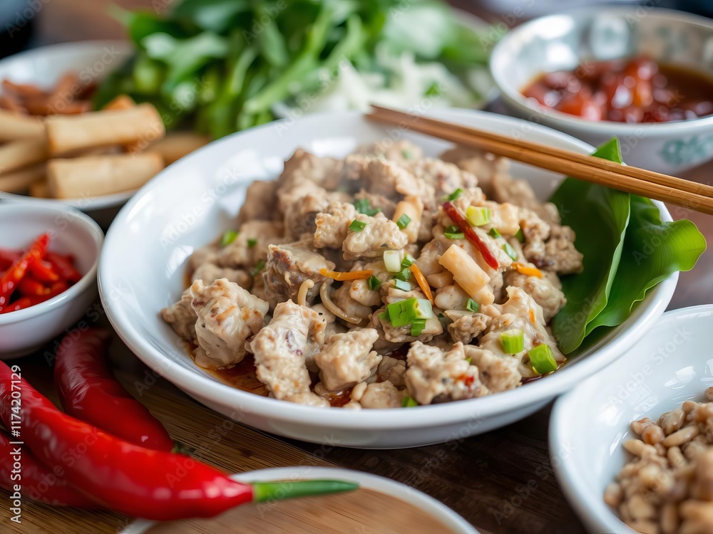 Spicy pork larb with fresh herbs and chili on a white plate, appetizer, street food
