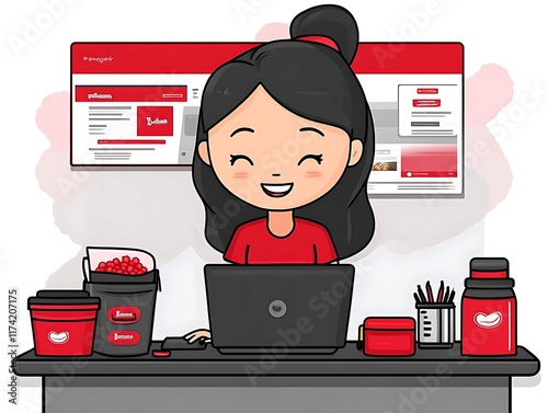 Happy Girl Working at Desk with Red Branding: Cheerful Cartoon Style