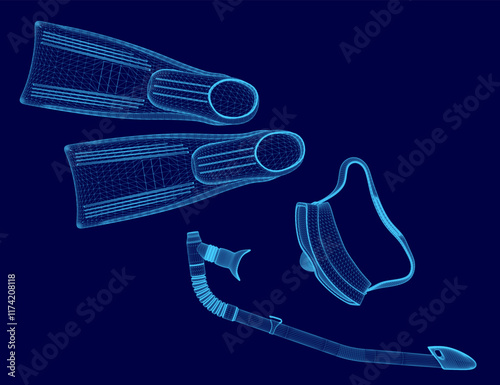 The image is a close up of a pair of flippers and a snorkel. The flippers are blue and the snorkel is attached to the flippers. The image is in a blue color scheme