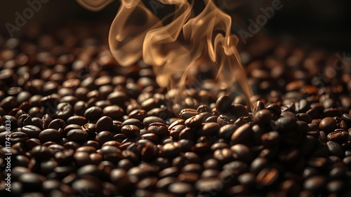 Steam rising above dark roasted coffee beans creating mesmerizing blend of aroma and warmth, visual sensation of heat, image, heat