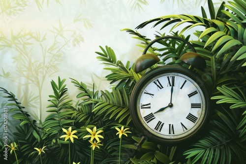Wallpaper Mural Vintage Clock Surrounded by Lush Tropical Foliage Torontodigital.ca