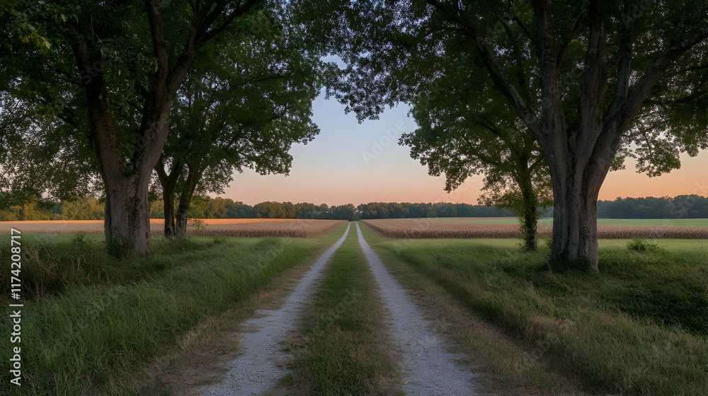 Serene treelined pathway countryside nature landscape tranquil evening perspective calmness Serene treelined pathway countryside nature landscape tranquil evening perspective calmness