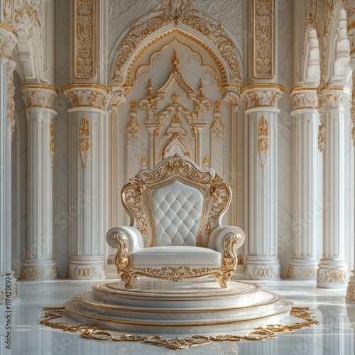 Ornate gold and white throne chair sits on a tiered platform in a luxurious, classical interior.