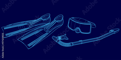 Blue image of a pair of flippers, goggles, and a snorkel. The image is a close up of the equipment, with the flippers on the left side, the goggles on the right side