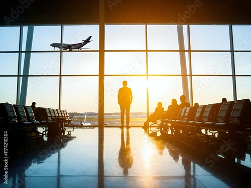 Passenger Watching Planes Take Off Through Large Airport Window with Sunlight Streaming In and Bustling Travelers in the Background