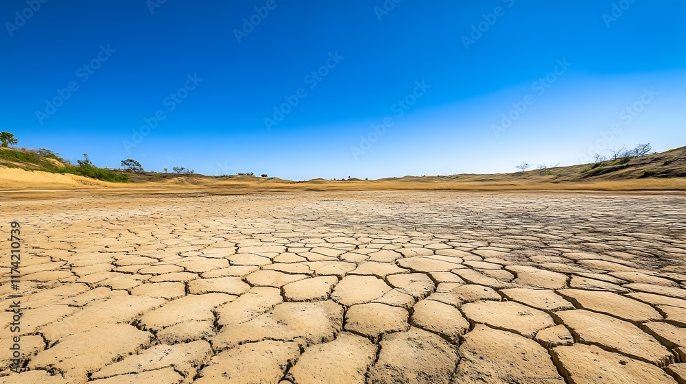 Dry barren landscape under bright blue sky with cracked earth highlighting global climate effects : Generative AI Dry barren landscape under bright blue sky with cracked earth highlighting global climate effects : Generative AI