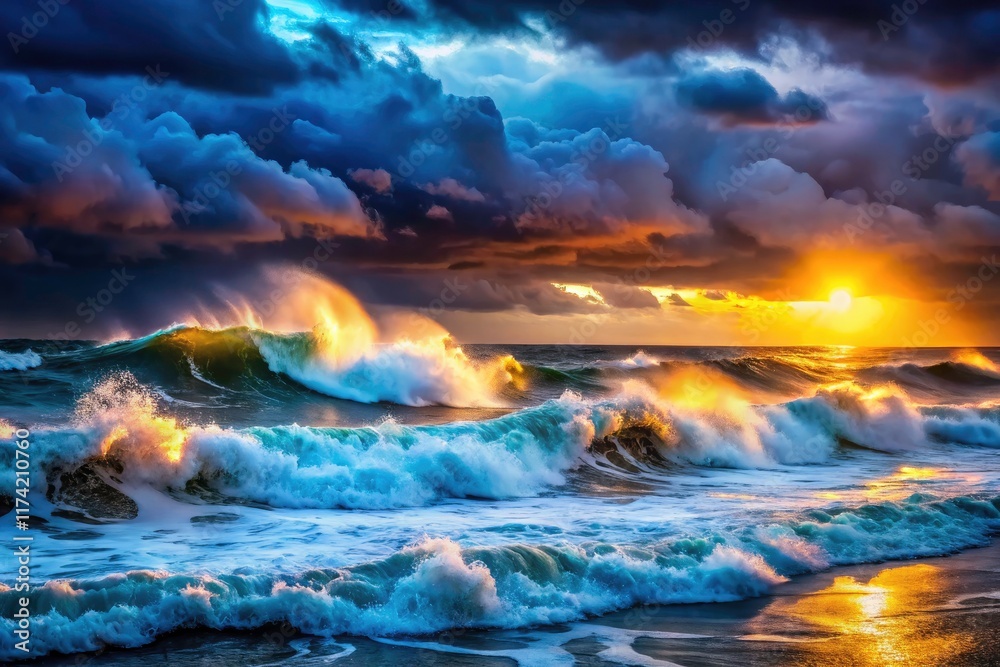 Fototapeta premium A dramatic coastal storm rages under a dark sky; massive waves and bokeh illuminate the night ocean.