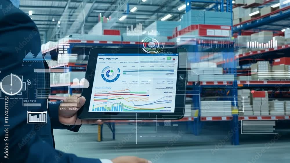 smart digital dashboard warehouse tablet concept system background showing blurred inventory using warehouse software management manager warehouse management logistic ai application control factory
