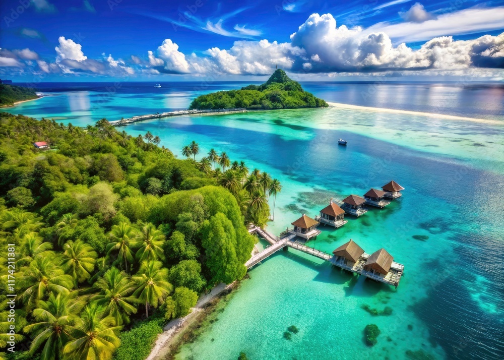Obraz premium Aerial view of a tropical island resort: turquoise waters meet luxurious overwater bungalows.