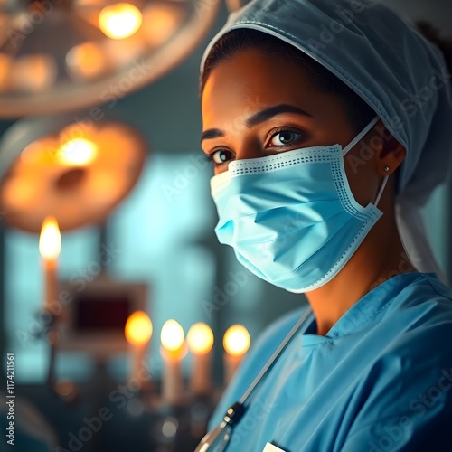 Chiaroscuro lighting dramatically illuminates a medical nurse, masked, in an operating room, emphasizing strong contrasts and deep shadows, enhancing the dramatic atmosphereA modern flat design depict photo