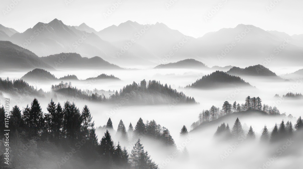 Fototapeta premium Misty Mountains Enveloping Rolling Hills and Forests