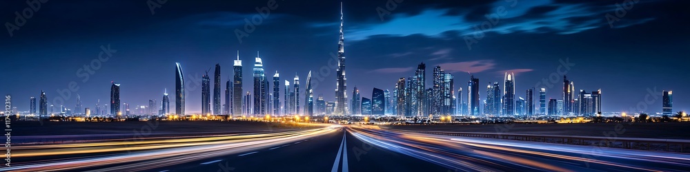 Fototapeta premium Panoramic Night Skyline of a Vibrant Metropolis with an Emphasis on Architectural Grandeur : Generative AI