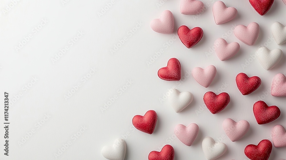 A collection of heart-shaped candies in various colors arranged artistically. A collection of heart-shaped candies in various colors arranged artistically.