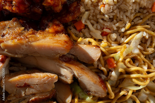 A top down view of a Chinese fast food combo plate, as a background. photo