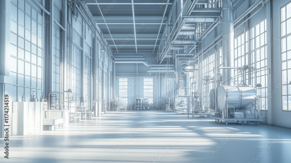 3D rendering of an empty white factory hall with large windows and industrial machinery