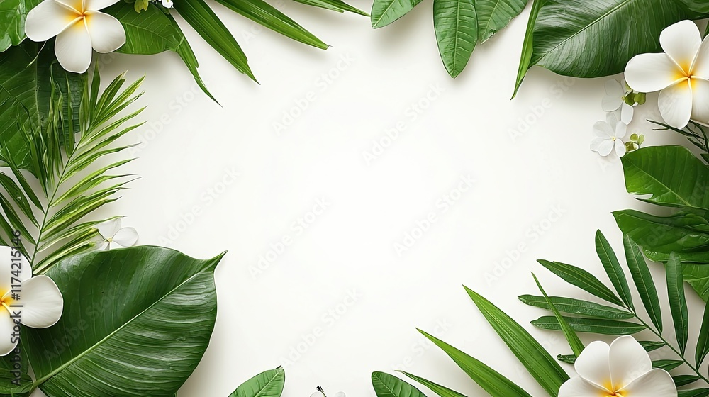 Naklejka premium A decorative arrangement of tropical leaves and flowers framing a blank space.