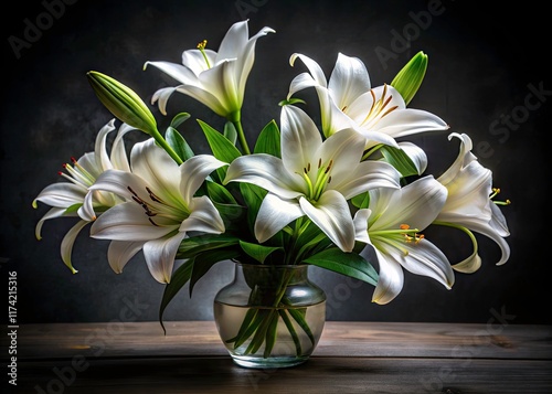 Black background highlights a bouquet of elegant white lilies in a captivating food photography still life.