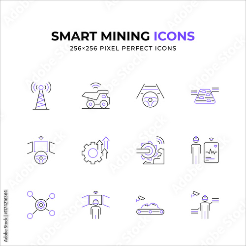 A collection of 12 pixel-perfect icons representing smart mining technology and automation.