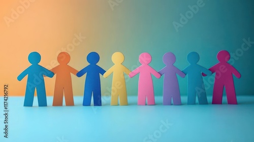 Colorful Paper Cut-Out Figures Holding Hands on a Blue Background - Diverse Community Connection and Togetherness photo