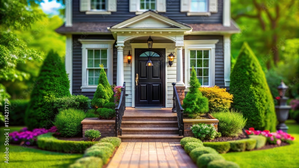 Obraz premium Charming miniature house, black front door, tilt-shift photography; a timeless scene.