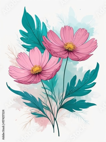 Pink cosmos flowers with green leaves in watercolor style