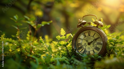 Vintage Alarm Clock in Lush Green Foliage