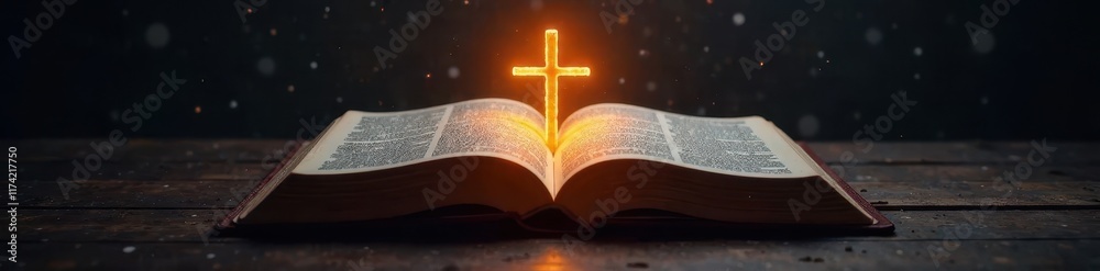 Illuminated Bible with glowing cross in the center of a darkened room, holy book, spiritual atmosphere Illuminated Bible with glowing cross in the center of a darkened room, holy book, spiritual atmosphere