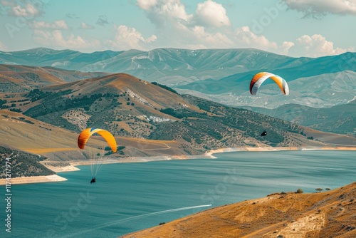 Detailed Picture of Paragliding Over Reservoir with Mountain Views photo