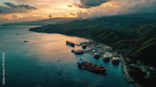 Aerial view of a coastal LPG storage facility with tankers anchored nearby