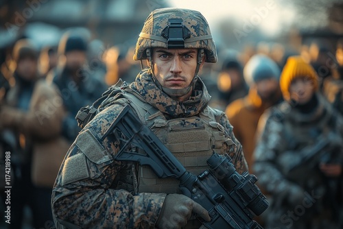 Soldier in Camouflaged Military Uniform with Rifle Vigilant in Natural Light photo