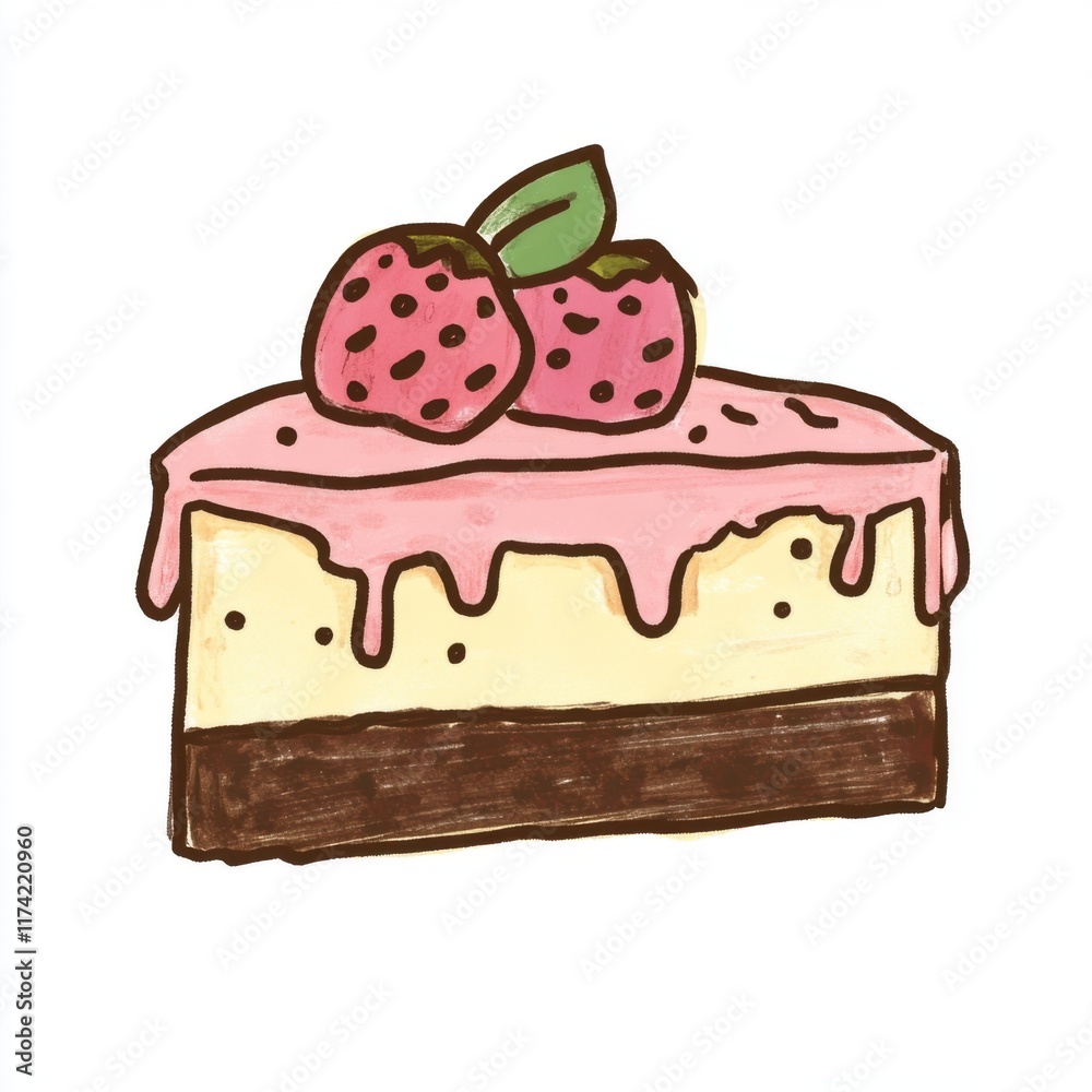 Deliciously Layered Cake with Strawberry Topping and Creamy Frosting on a White Background