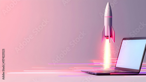 Rocket launching from laptop digital workspace conceptual illustration futuristic environment dynamic view innovation in technology