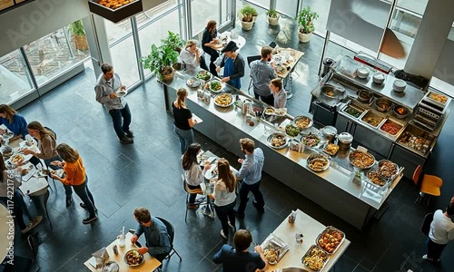 Office lunch buffet Diverse crowd enjoys midday meal in modern setting