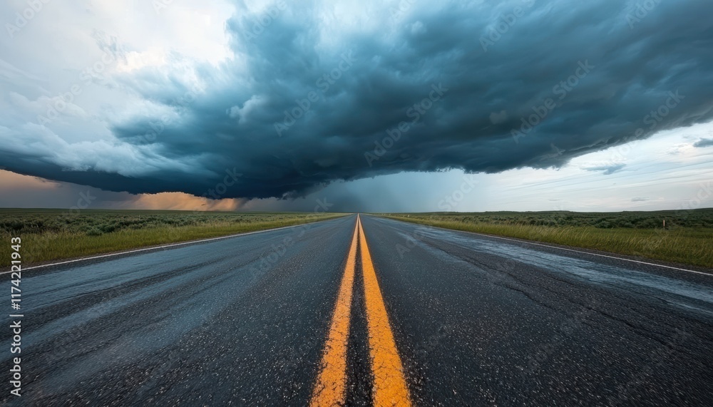 Fototapeta premium A long road with a storm in the distance