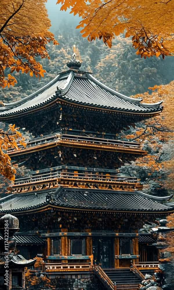 Serene temple surrounded by autumn foliage and rain. Serene temple surrounded by autumn foliage and rain.
