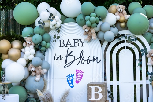 Baby Shower Theme background design with balloons with Pink and Blue baby foot - shoe shaped banner saying Boy or Girl. Gender Reveal Party