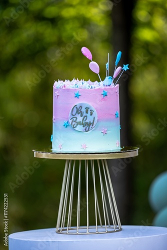 Pink and Blue Gender reveal cake and Oh Baby! written on the side with a light defocused balloon background 