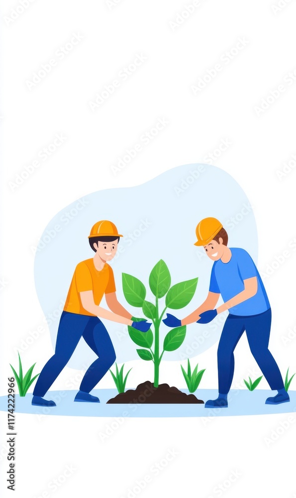 Two Men in Hard Hats Planting a Young Green Sapling in a Garden with Bright Blue and Green Backgrounds Two Men in Hard Hats Planting a Young Green Sapling in a Garden with Bright Blue and Green Backgrounds