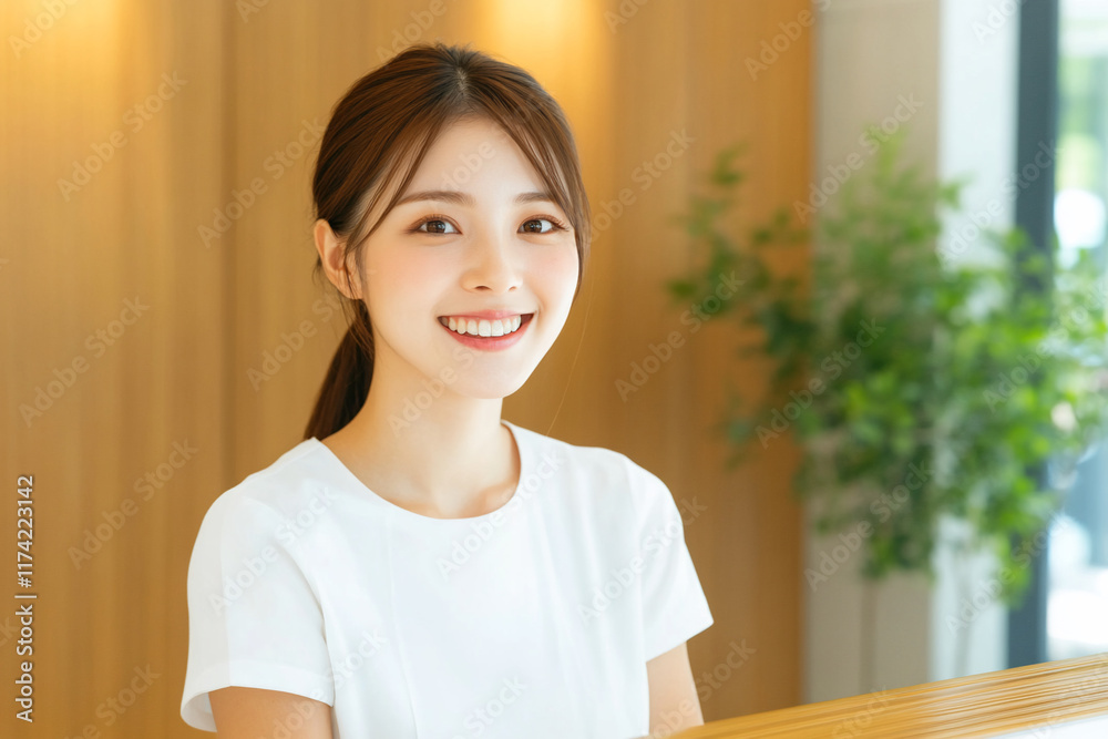 A young woman smiling in a bright, modern indoor setting. A young woman smiling in a bright, modern indoor setting.