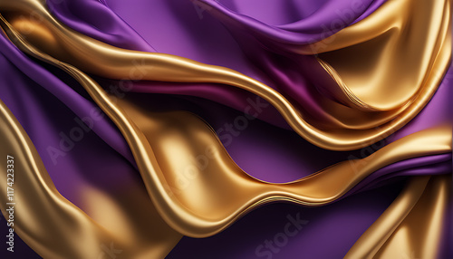 abstract background with 3d wave bright gold and purple gradient silk fabric