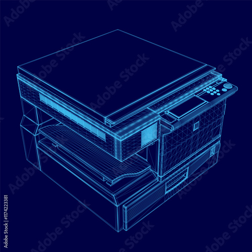 Blue printer with a blue screen. The printer is a desktop model