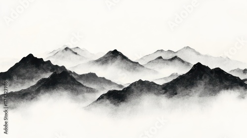 Misty Mountainscape Ink Wash Painting Art