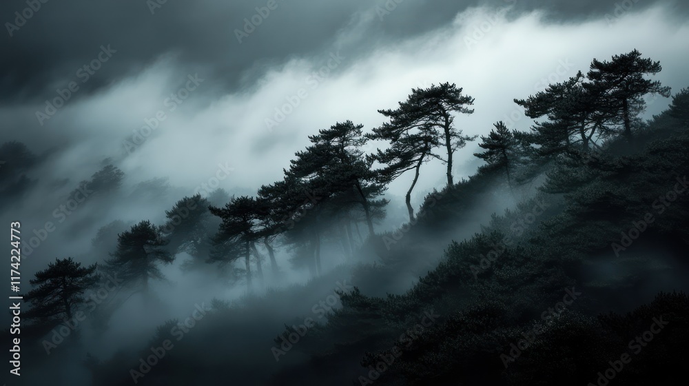 Fototapeta premium Misty Mountain Forest Trees Silhouette In Fog