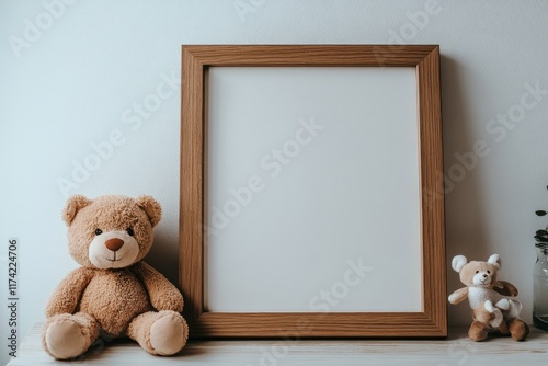 Empty wooden frame with teddy bears.